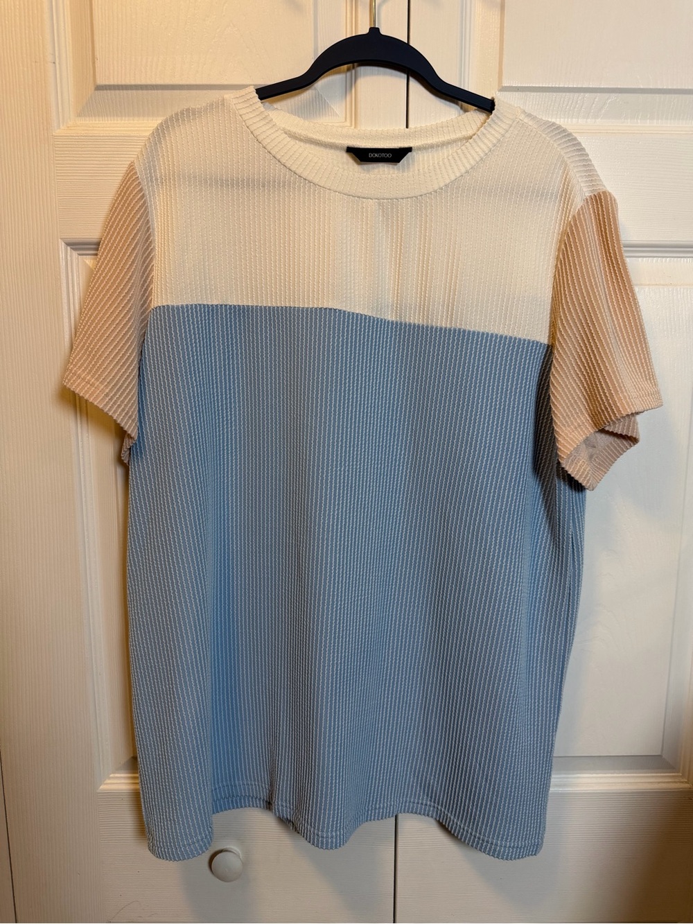 Dokotoo 2XL Ribbed Color Block Short Sleeve Top Blue Cream Beige